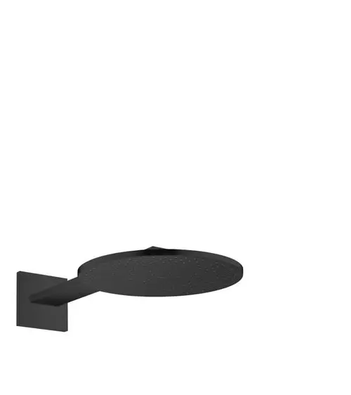 Schwarze Kopfbrause mit flachem, runden Duschkopf und kurzem Brausearm, montiert an einer Wand. Das Design ist von AXOR.